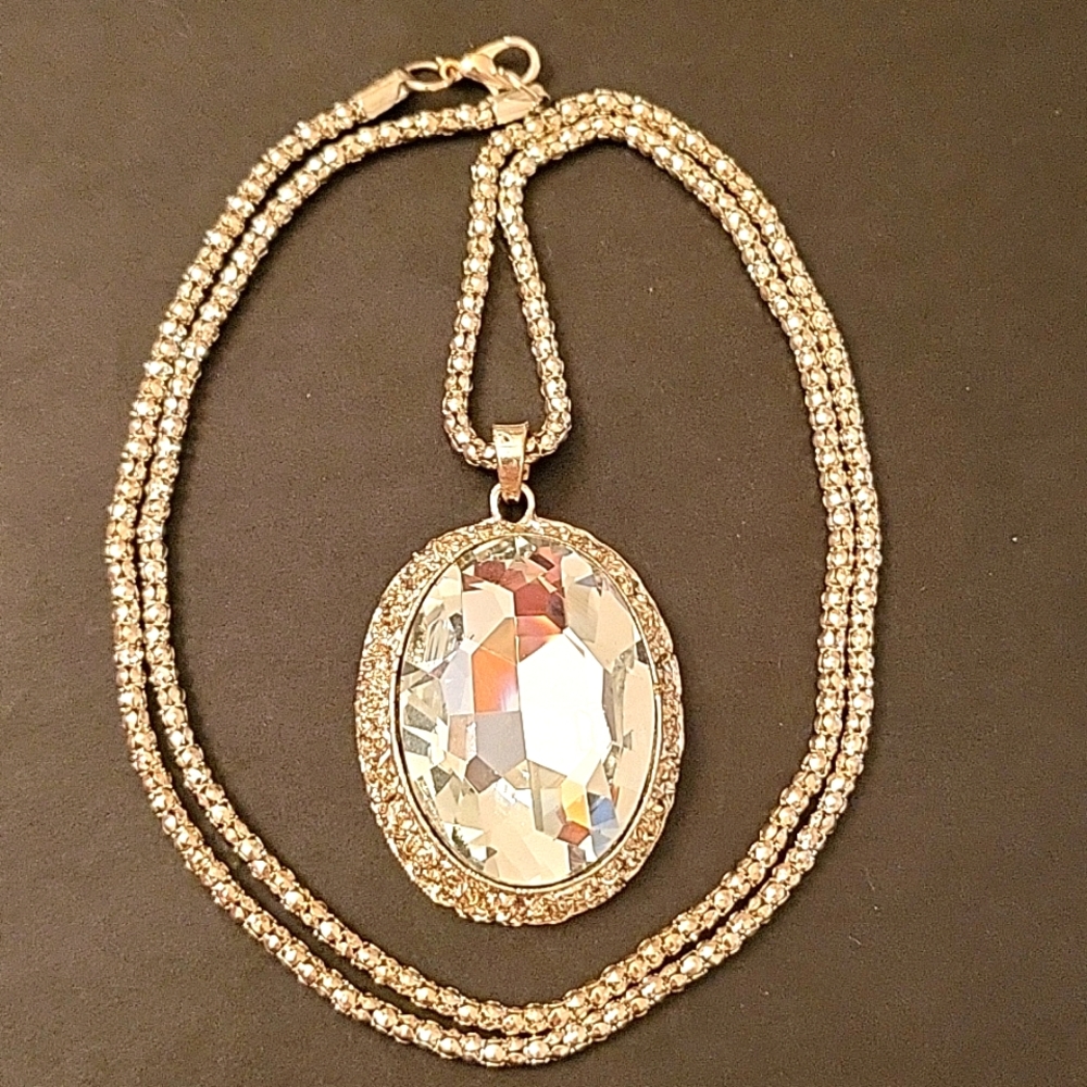 NEW Huge Crystal Statement Pendant on Silver-tone Rope Chain!